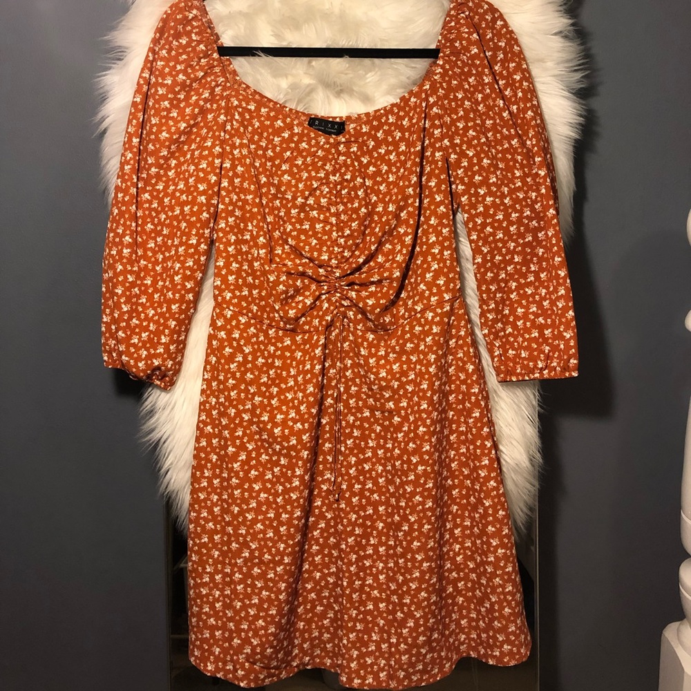 floral print short milkmaid dress-burnt orange